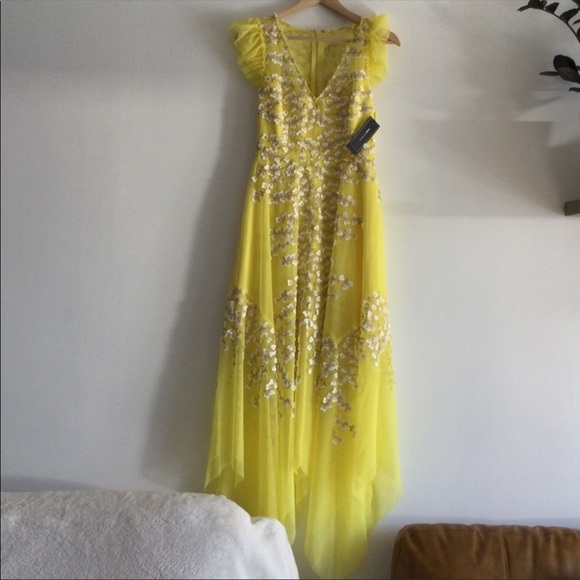 BCBG BCBGMAXAZRIA WOMEN'S EMBROIDERED TULLE RUFFLE DRESS IN AURORA Yellow Gown - Picture 3 of 8